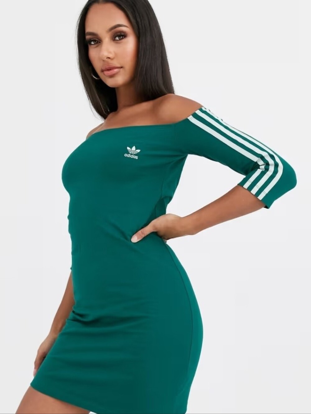 adidas Off-Shoulder Green  Bodycon Mini Dress with Three Stripes